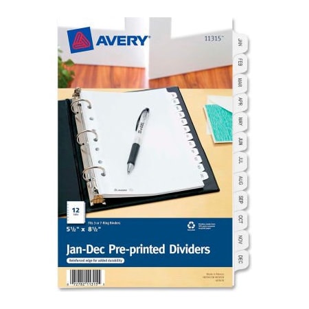 Avery Dennison Avery Preprinted Monthly Tab Divider, Printed Jan to Dec, 5.5"x8.5", 12 Tabs, White/Clear 11315
